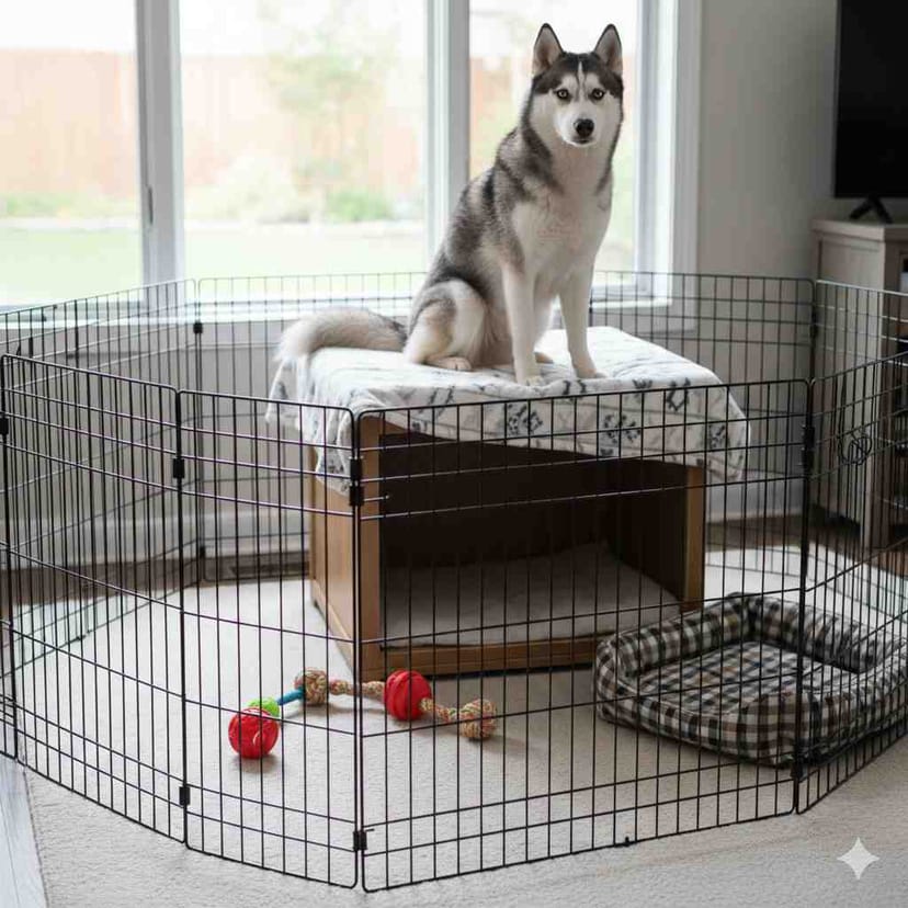 Siberian Husky on a Playpen